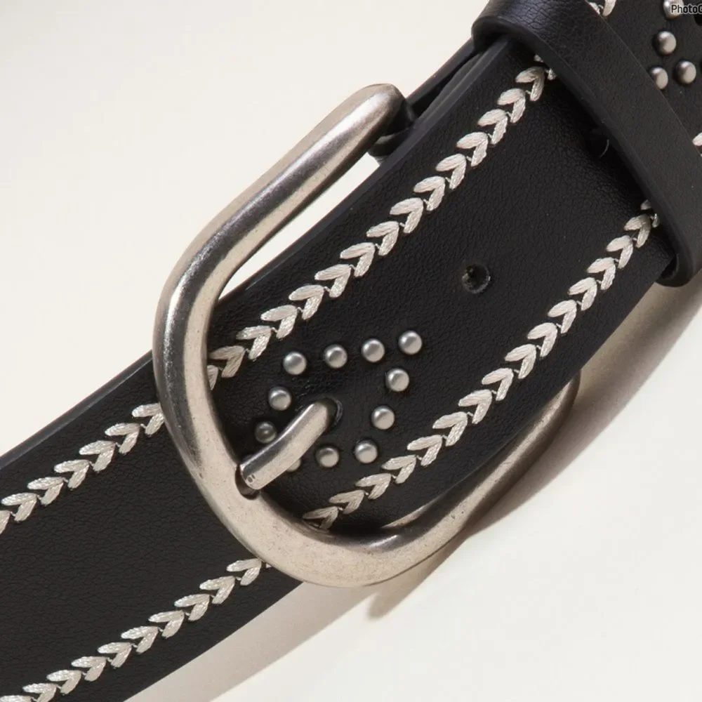 NEW Western Heart Pattern Studded Boho Vegan Leather Belt Black